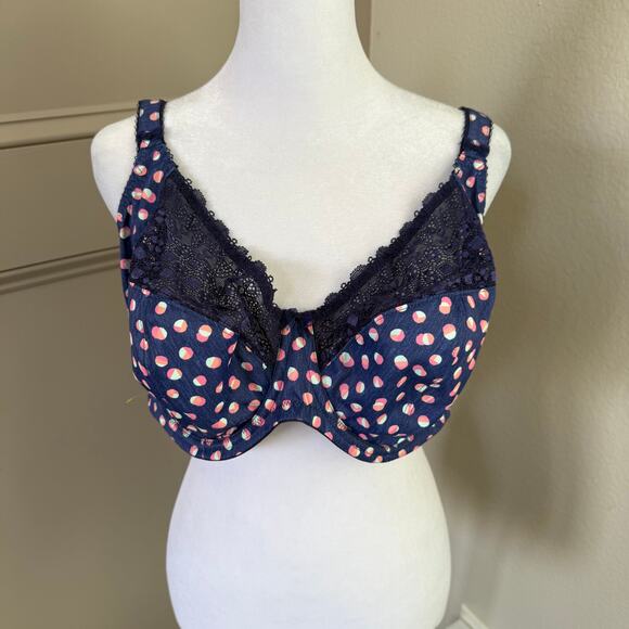 NWT Elomi Kim Underwire Stretch Lace Plunge Bra EL4340 40I Polka Dot Navy Pink - Picture 2 of 7